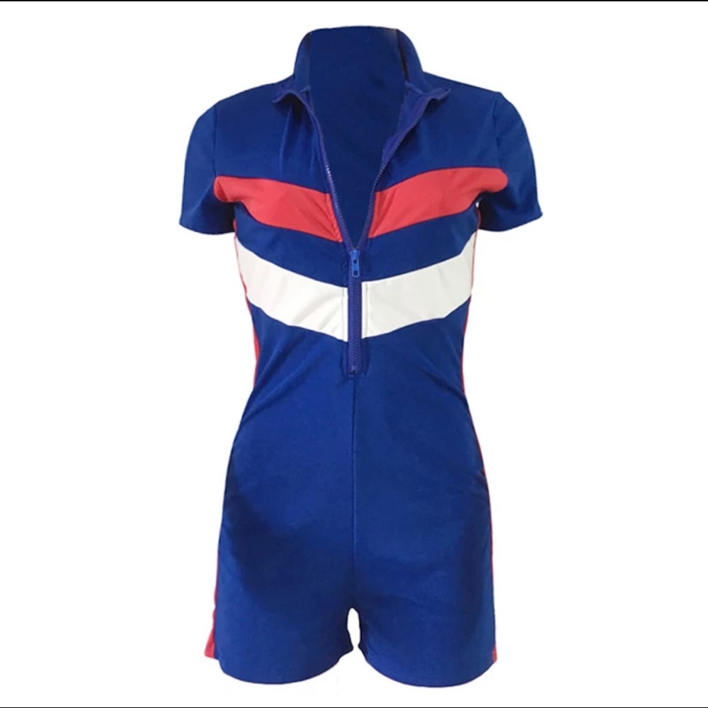 Blue Short Sleeve Woman Romper Jumpsuit